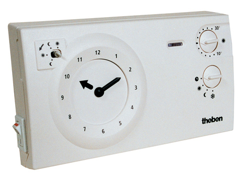 THEBEN Klokthermostaat + schakelaar bijverwarm. 2x1,5V 24U/7D 1+1NO 10A